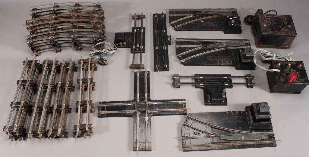 American Flyer 2 Rail Train Track & Transformers: Large lot of tracks with two transformers marked the AC Gilbert Co. New Haven Connecticut 