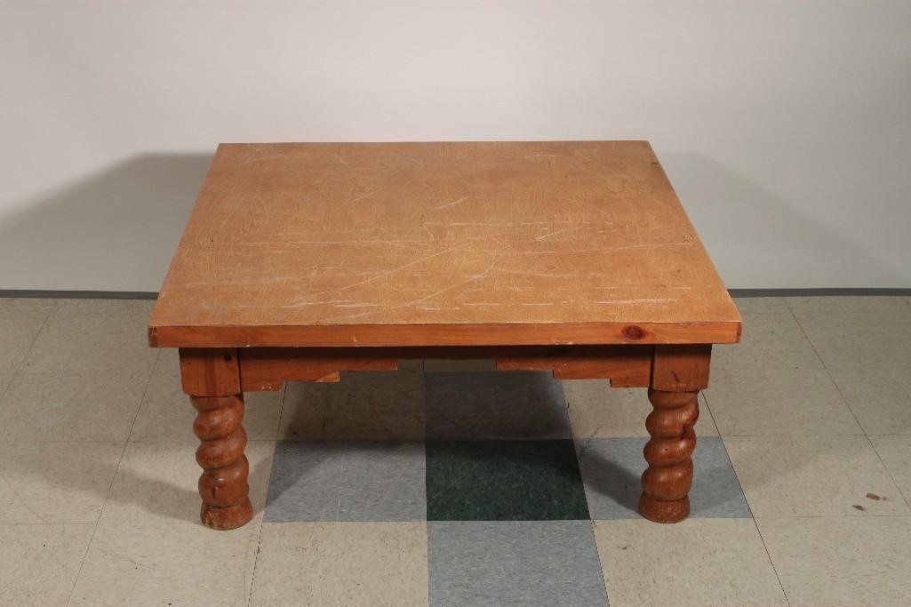 Square Wood Coffee Table: Oak veneer top on pine base and legs shows wear measures 40''x17''x40''