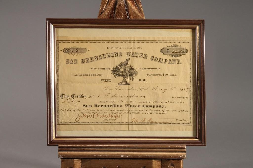 San Bernardino Water Co. Stock Certificate (1 of 4)