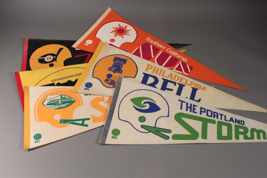 WFL Pennants (6): They measure 29" long felt pennants include: Jacksonville Express, Shreveport Steamer, So. Ca Sun, Portland Storm, and others.