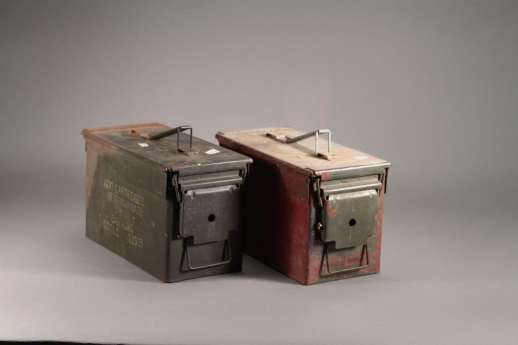 Ammunition Boxes (2): One is painted red and one green marked 600 cartridges 7.62mm nato. Both show some rust.