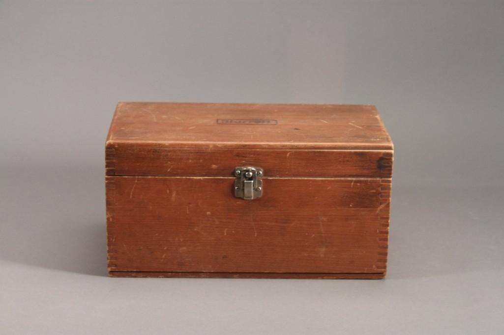Starrett Miniature Wood Trunk: measures 7" x 13.5" x 7", dove tailed corners, shows some age and wear 