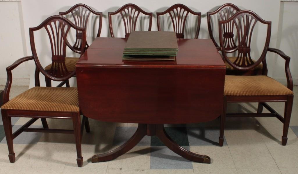 Mahogany Duncan Phyfe-style Dining Set: High quality, flamed mahogany, high glass table and chairs. Includes (2) Captain Upholstered chairs that measures 21.5" x 39" x 18", (4) dining chairs 19" x 38" x 16.5", table measures 48.5" when