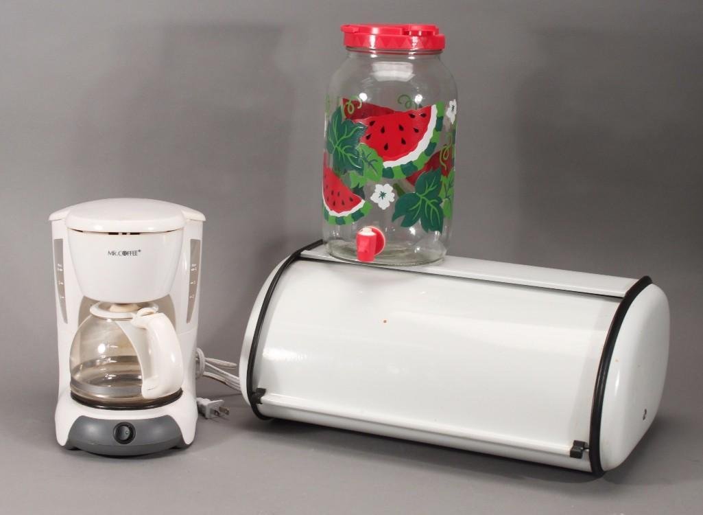 Bread box and coffee maker: Includes white enamel bread box 17 inches long, Mr. Coffee 4 cup coffee maker, and a watermelon 10 inch tall water dispencer.