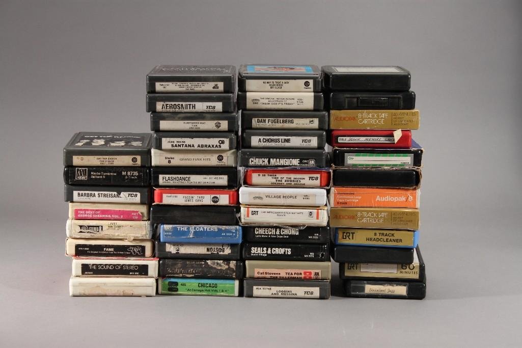 Stereo 8 Track Tape Cassettes (44): Vintage Cassette Tape Titles include Cheech & Chong, lets make a new dope deal,Barbra Streisand, Down memory lane, Village People, A chorus line, and more.