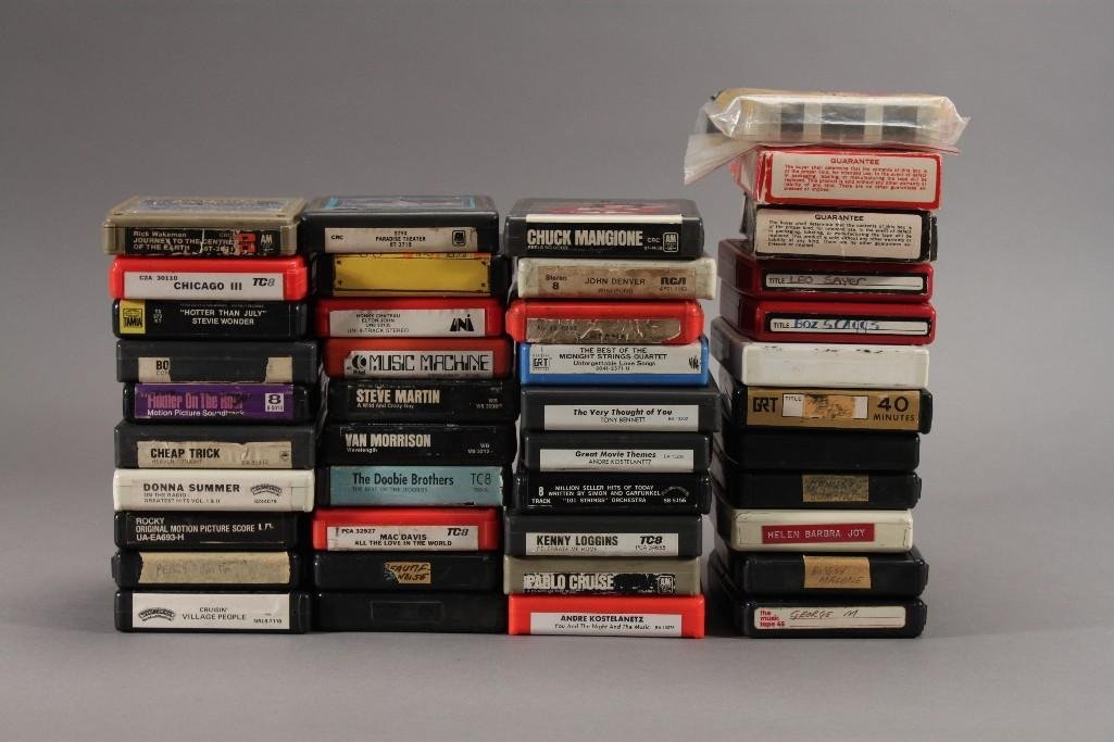Stereo 8 Tracks Tape Cassettes (44): Vintage Cassette Tape Titles include Mac Davis, Cruisin, Rocky, Fiddler on the roof, Elton John, Chicago III, and more.
