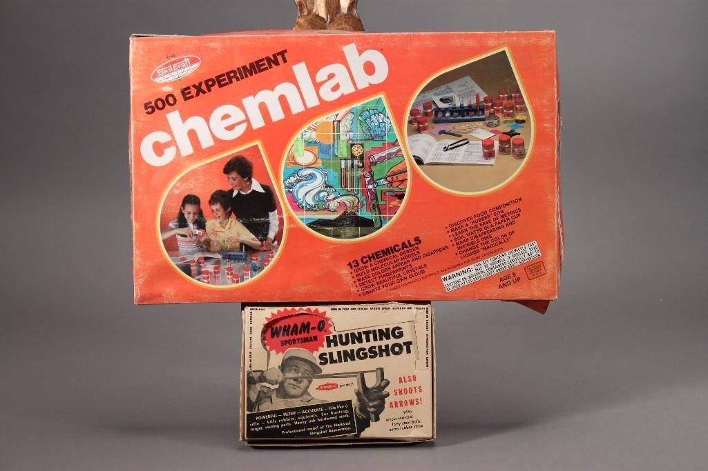 Vintage Wham-O Hunting Slingshot and 1982 Chemlab: Hunting Slingshot includes instructional pamphlet, and a small wire, see pictures, no other items included in box. The Skilcraft Chemlab is mostly complete, in used condition. box shows wear.