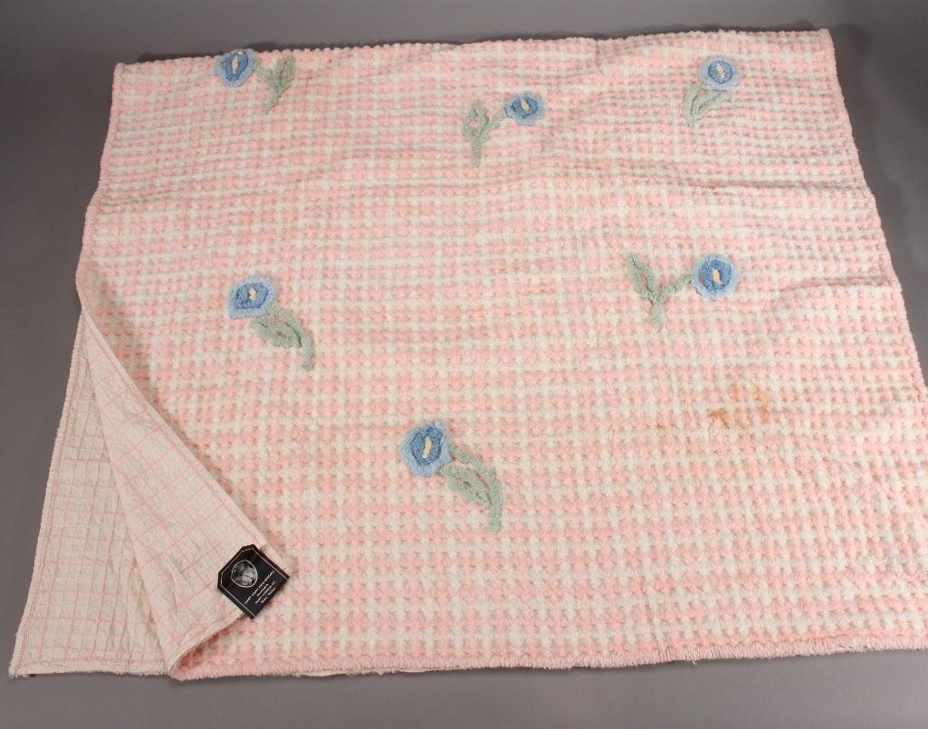 Vintage Mary Joan Crib Spread: Chenille Pink and white with floral design, some stains, 66''x38''.