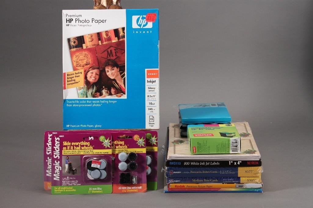 Office Supplies: Cd gift boxes, magic sliders, ink jet white labels, HP glossy photo paper, medium tent cards, inkjet cartridge hp 97 color, and more.