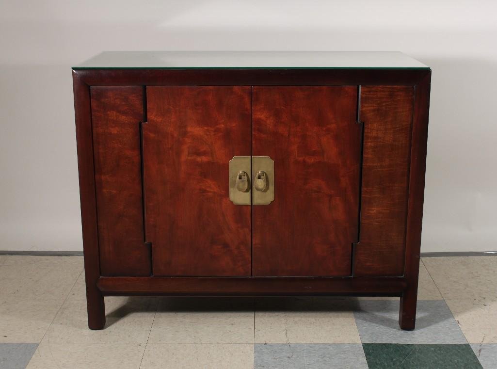 Asian Style Dark Wood Cabinet: Includes glass top, 2 doors, 2 shelves, 38''x30.5''x18, in good condition.
