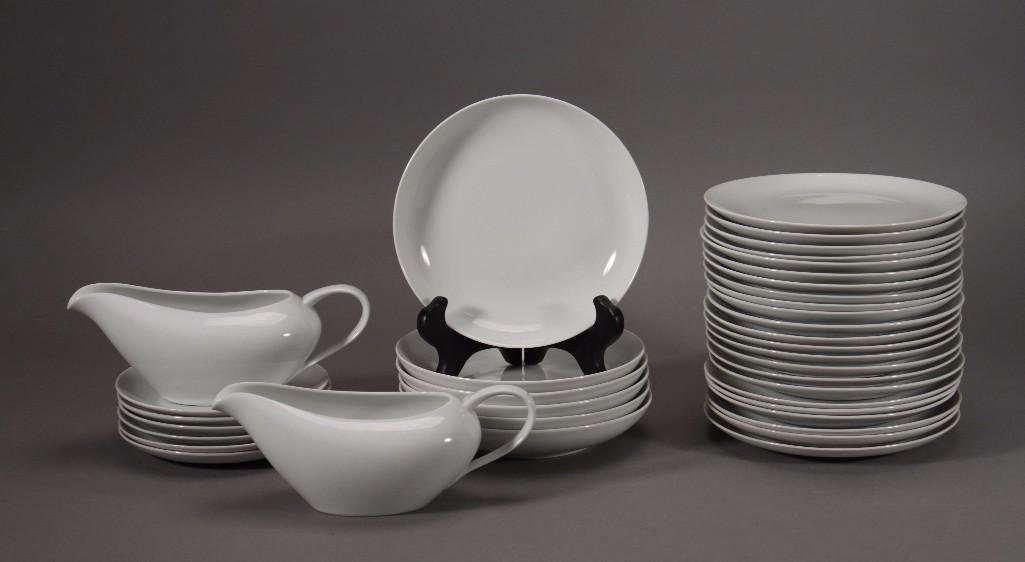 Kitchenware (37): Six 7.5'' diameter white bowls marked Eschenbach Bavaria-Germany Baronet China Celeste REG. U.S.PAT. OFF., two gravy boats, 23 7.5'' diameter white plate, and more. Good condition.
