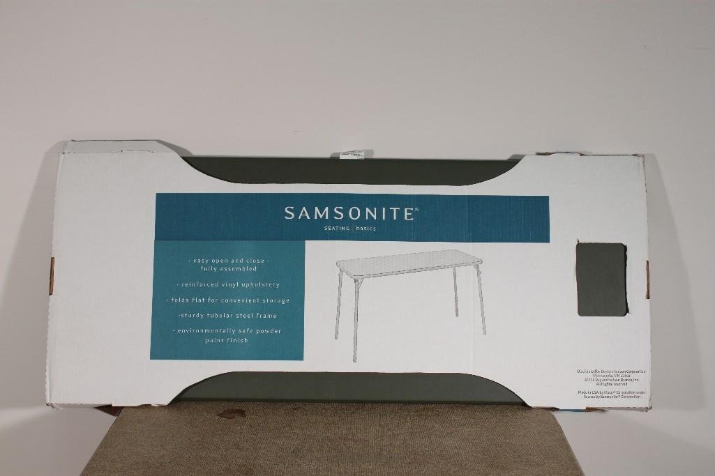 Folding Tables (2): Samsonite Seating Basics multi purpose handy table measuring 48''x21'' NIB and a brown Costco Products brown table measuring 34''x34'' in fair condition.
