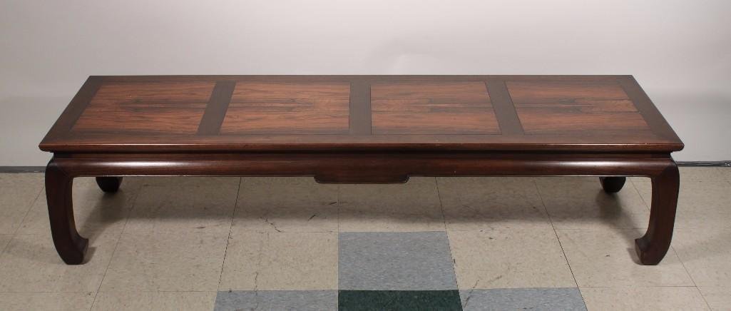 Baker Furniture Wood Coffee Table: Metal tag marked 'Baker Furniture', Wood coffee table measures 14.25" tall, 63" long, and 20" wide. Good condition.