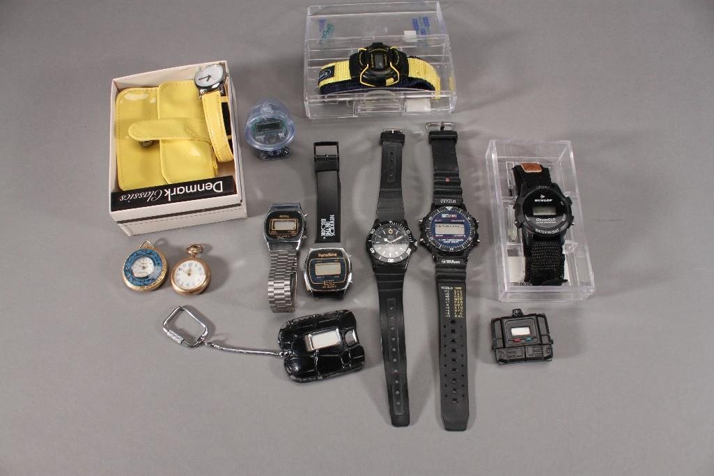 Men and Women's Watches (12): Includes two gold tone pocket watches, Denmark Classics yellow watch and coin pouch, Britt sport watch, Timex black watch, and much more.