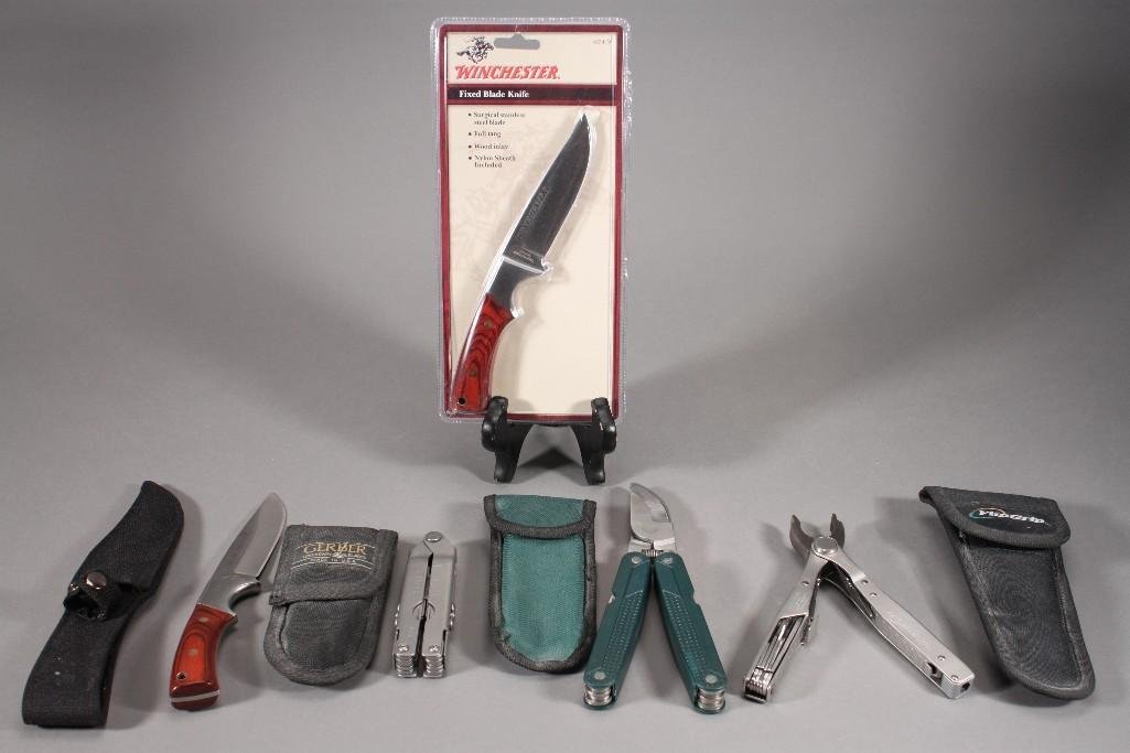 Winchester Knifes and Utility Knife Kits (5): (2) Winchester fixed blade knifes, 1 new in original packaging. Gerber utility knife set, Flipgrip stainless steel utility knife set, and one other stainless steel utility knife set. 