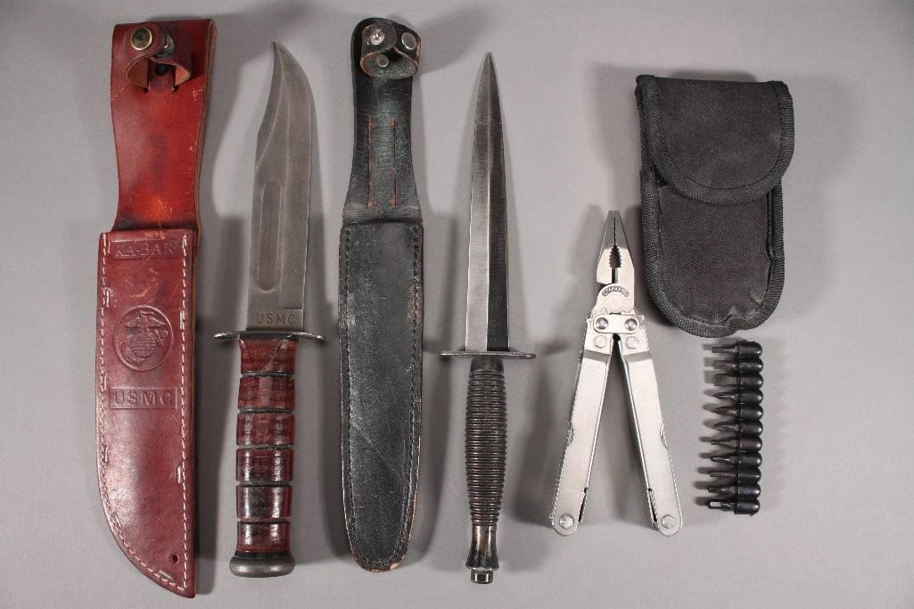 Knifes and Utility Knife Set (3): USMC Ca-Bar Knife with leather sheath. Knife is marked Ca-Bar Olean, NY. Unmarked Knife with leather sheath, and a stainless steel utility knife set. 