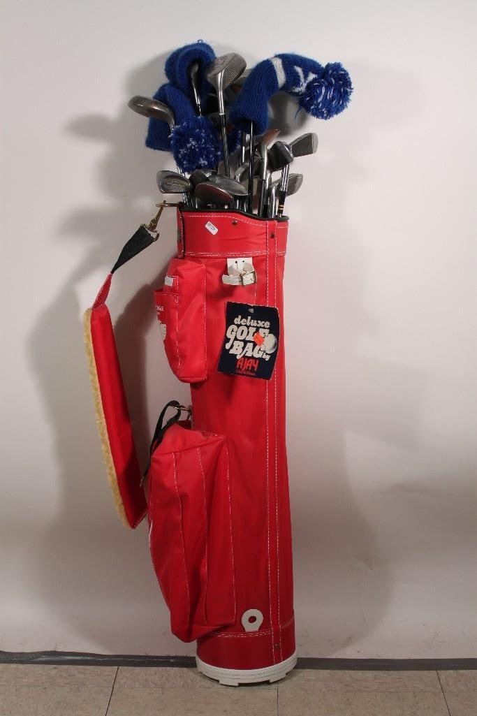 Golf Clubs and Bag: Golf club brands include Burner Taylor Made, Bob Mann Who-Dinni, Precision Made, and more, also includes a red Double Eagle Professional carrying bag