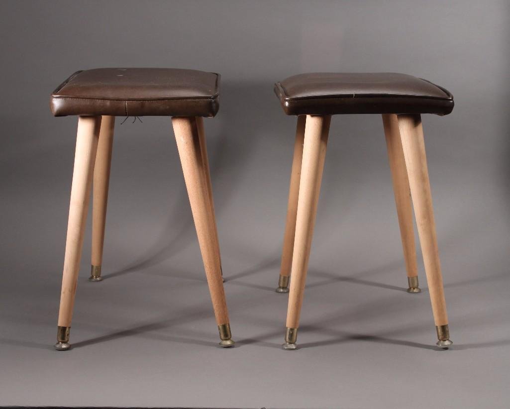 Leather Stool (2): Wood leg and leather stools. Good condition, standing 17'' tall. No markings.