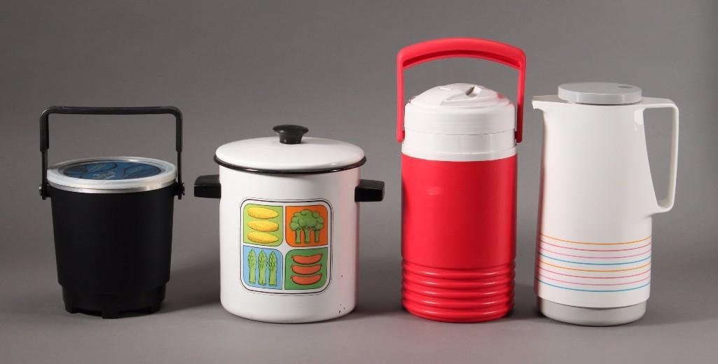 Thermos, Igloo Jug and Fryers: Nice Thermos Dispenser, Igloo Flip Spout Jug, Presto Fry Baby Electric Deep Fryer and a enameled lidded pot with vegetable holder insert (for stove top cooking). All in good condition