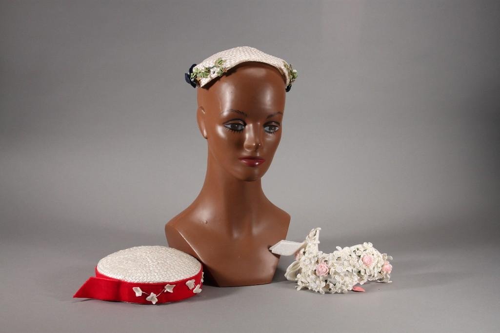 Vintage Straw Hats and Headband (3): (2) straw hats have tags that read Petit Chapeau by Richard Englander and a floral design vintage ladies headband. All are in fair condition.