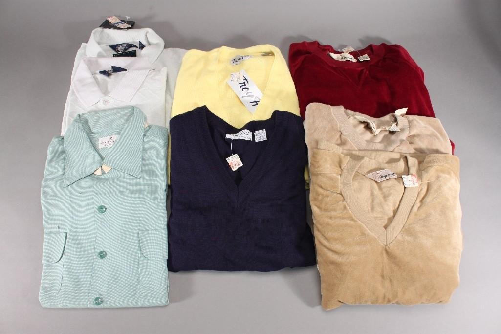 Men's Tops NWT (8): Includes three King Sport long sleeve sweatshirts size L, a navy Troy Hill v neck sweater, a yellow Troy Hill button up v neck sweater, and more.