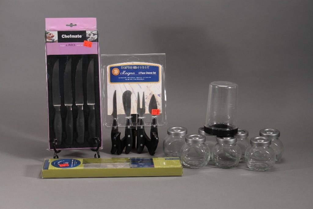 Kitchenware: Assorted kitchenware includes 7 mini clear glass lidded jars, Blue Ginger chef cleaver and knife, 4 piece cheese set, and more.