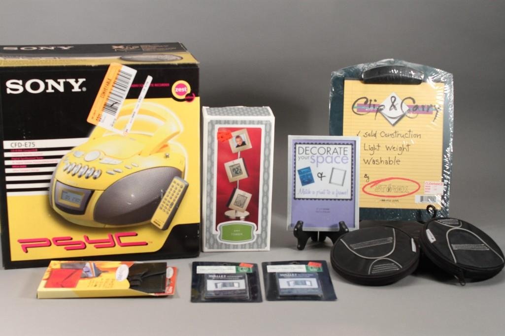 Sony CD/Radio and Picture Frames (10): 3 in 1 picture tower, three cd holders, a clip board, picture holders, and Sony CFD-E75 PSYC CD/RADIO/CASSETTE recorder NIB.