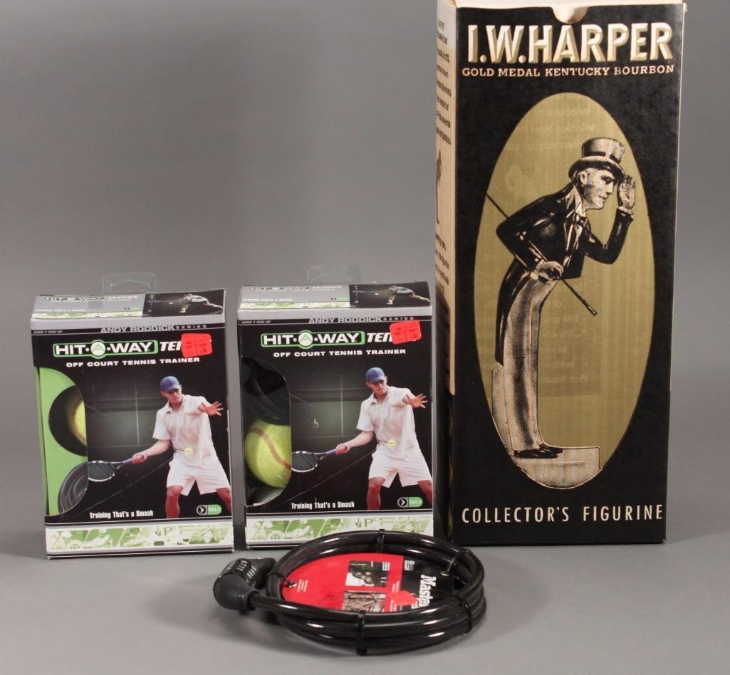 Kentucky Bourbon and Tennis Trainer (4): Includes two Andy Roddick Hit away tennis off court tennis trainer, bike lock (Master lock), I.W.Harper Gold medal Kentucky Bourbon Collectors figurine. All new in original packaging.
