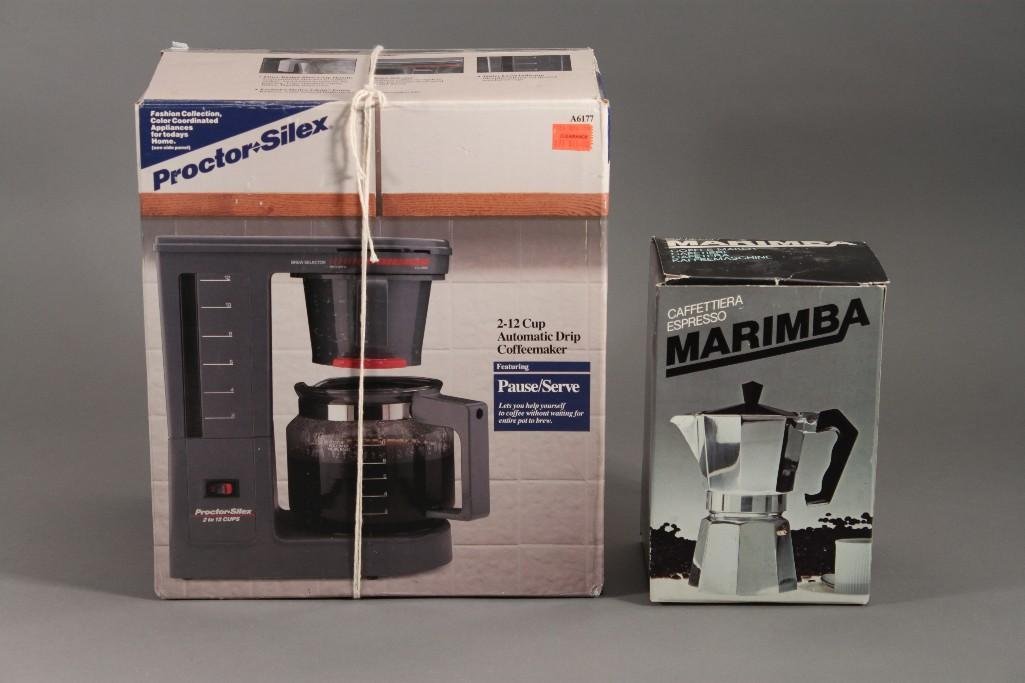 Espresso Maker & Automatic Drip Coffeemaker (2): Caffettiera Espresso Marimba and Proctor Silex 2-12 Cup Automatic Drip Coffeemaker. Both new in boxes.