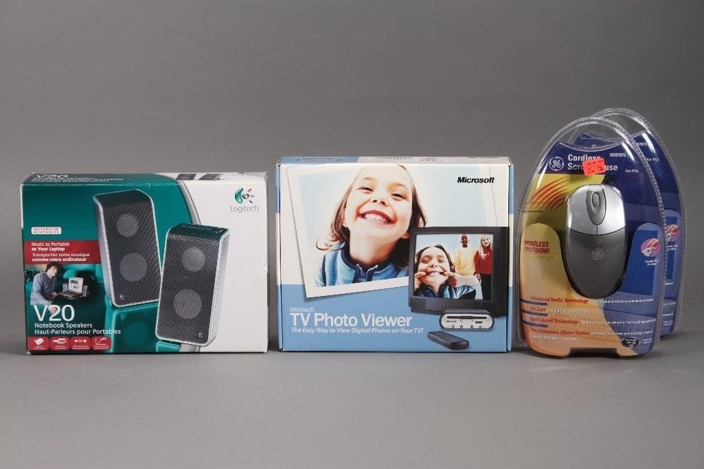 Office Supplies (4): cordless scroll mouse (2), Microsoft tv photo viewer, and Logitech notebook speakers. All new in original packaging.