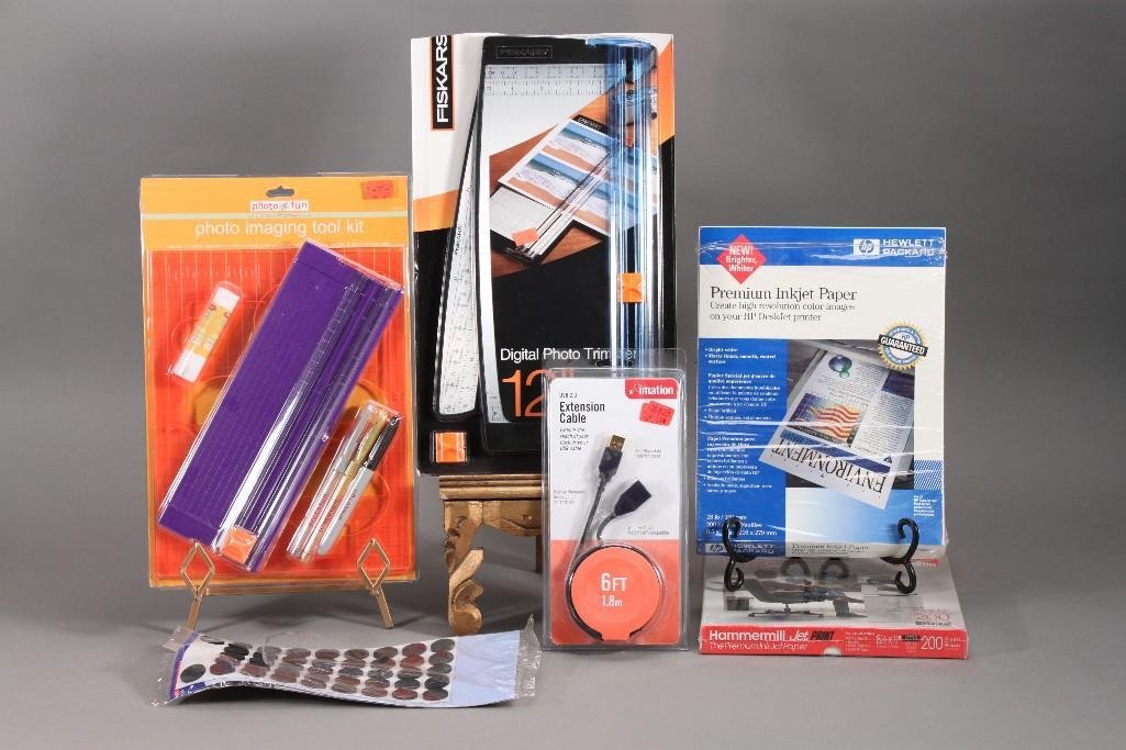 Photo Trimmers and Printer Paper (5): Includes Fiskars 12" photo trimmer, Photo Fun photo imaging tool kit, two packages printer paper, and a 6 ft USB Extension Cable. All are new in the package except one printer paper has been