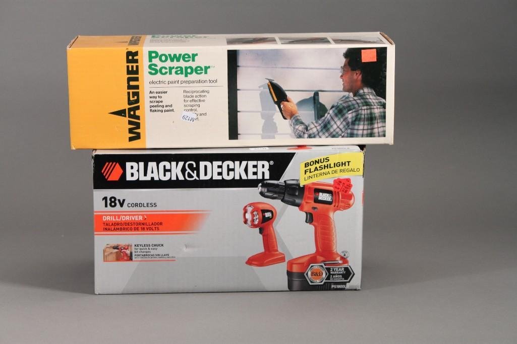Drill/Driver and Power Scraper: Includes Black & Decker 18v cordless drill/driver and Wagner power scraper. Both new in box.