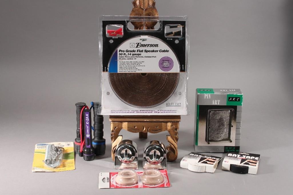 Pin Art, Speaker Cables , Timers: PIN Art (NIB), Ball Tape,Emerson Pro Grade Flat Speaker Tape, K-2AA flashlights, Table top timers and more