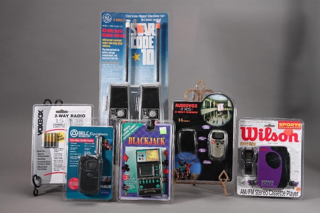 Walkie Talkies and Electronics (6): GE 49MHz band walkie talkies, blackjack handheld game, cassette player, and moe.