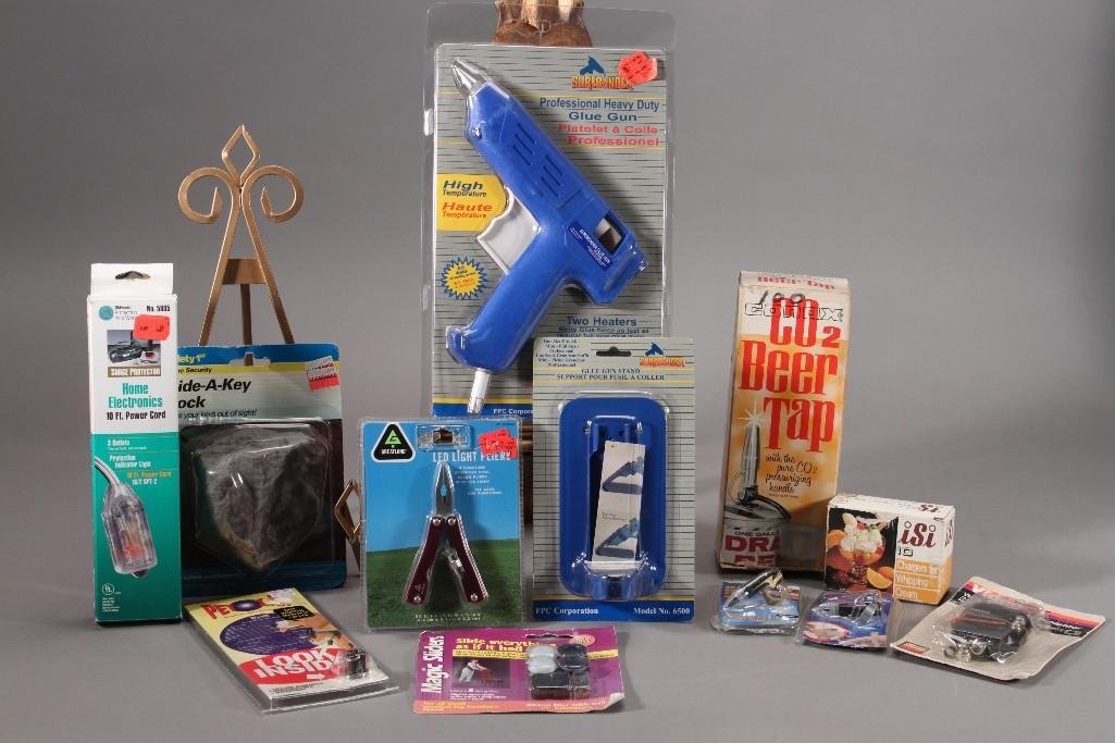 Household Items: glue gun stand, glue gun, CO2 beer tap, CO2 cartridges, zip pens, LED flash pliers, and more.