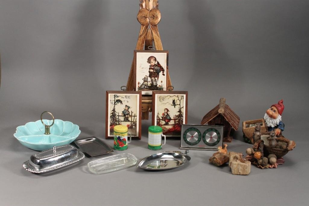 Home Decor: salt and pepper shaker, butter tray marked Irvinware, elf figurine, squirrel figurine, and more.