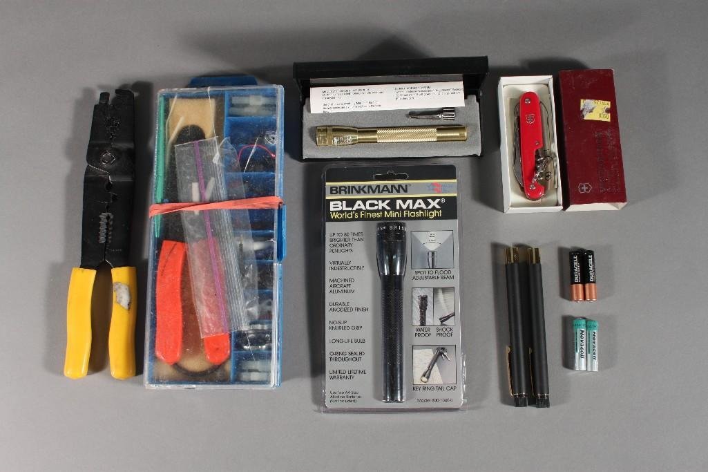 Tools: Victorinox the original swiss army knife, mini mag light, aries pen light, and more.