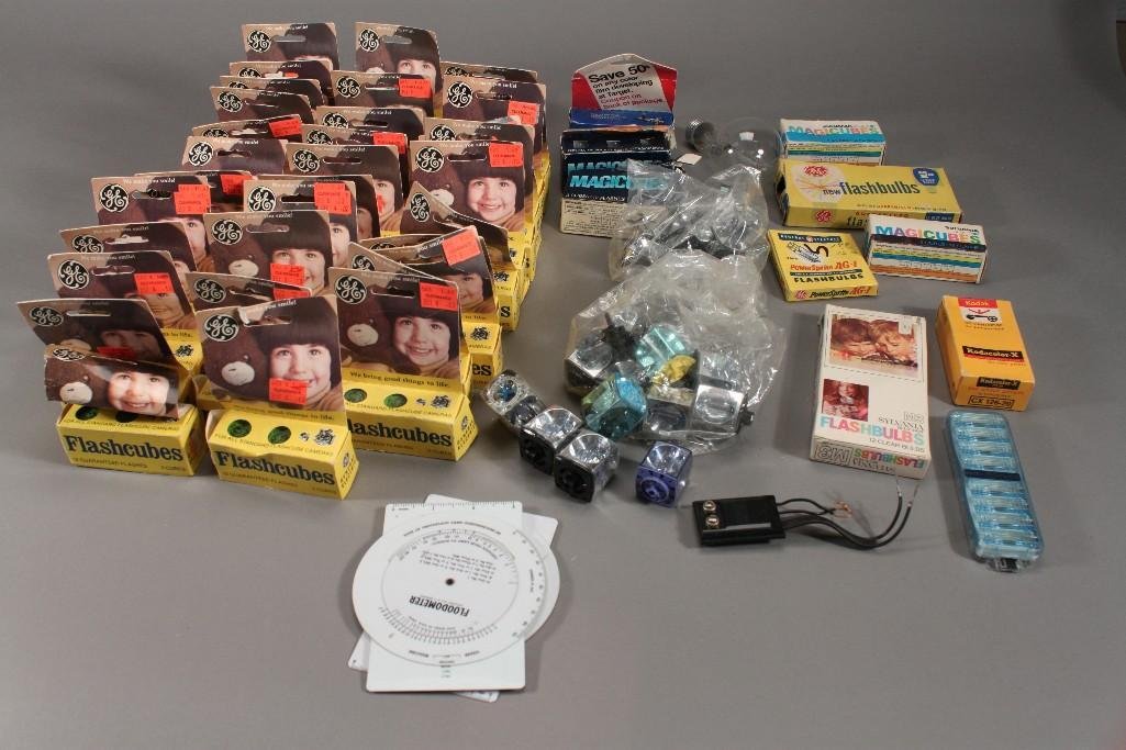 Flash Cubes and Flash bulbs(50+): Brands include Sylvania, General electric, Kodak and more. Most of them are new in original packaging. 