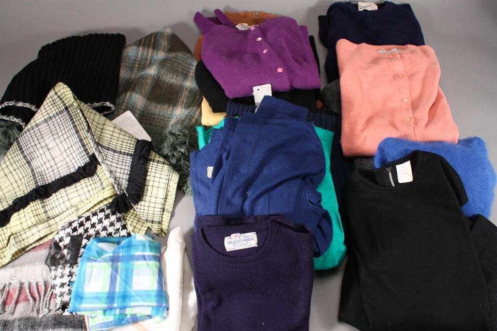 Womens Clothing and Accessories: Includes scarfs, some are NWT, lamb wool button up sweaters sizes 9, 13, 8, 38, and 7, 10+ sweaters. Sizes, colors, and styles vary.