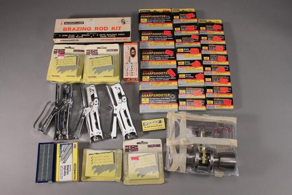 Hand Staplers and Staples: Ace clippers heavy duty hand staplers (3), door handle, Stanley staples, Mech work staples, and more.