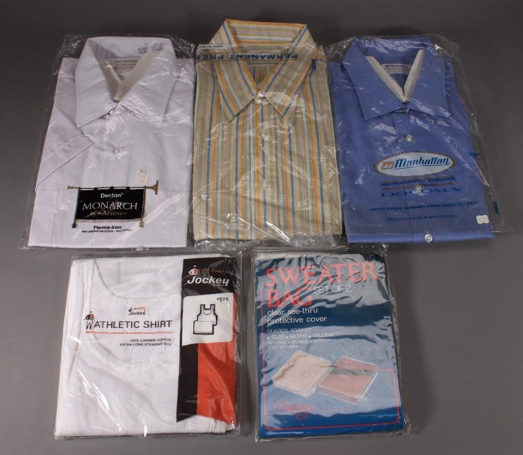 Mens Shirts and Sweater bag (5): Sweater bag (set of 2), Jockey athletic shirt size XL, Manhattan Docoma dress shirt size size 17, and more. Dress shirts marked 17.