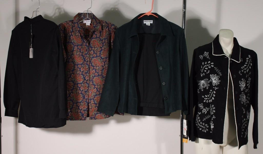 Women's Vintage Clothing (5): Briggs Petite green button up blazer size 10 NWT, black Pykettes dress pants 16'' waist, White Stag stitch design jacket size M NWT, Enka 100% polyester black long sleeve shirt size M NWT, and a Shape