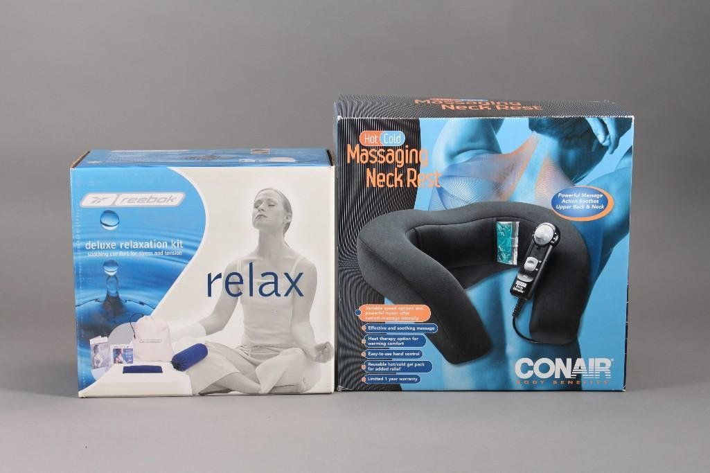 Massaging Neck Rest and Relaxation kit (2): Reebok deluxe relaxation kit NIB and Hot/Cold massaging neck rest NIB.