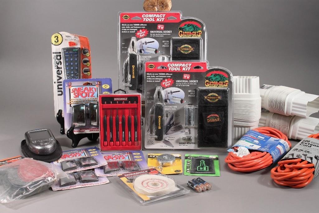 Tools and Extension Cords: Gator grip compact tool kits (2), Sneaky spotz, two extension cords, Flex elbow, and more.