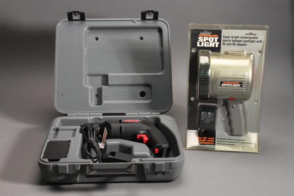 Halogen Spotlight and Power Drill: Rechargeable spot light quartz halogen spotlight with ac dc adapter and skill drill with case. model no. F012622000