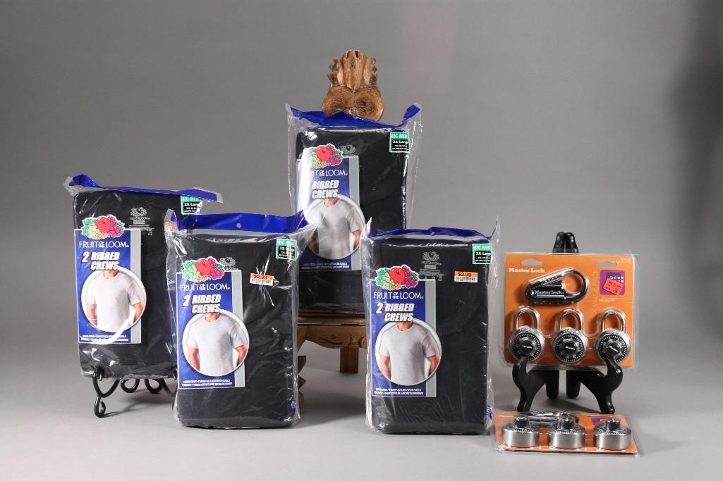Men's T-Shirts and Locks (6): Four Fruit of The Loom 2 Pack Ribbed Crews Size 2XL and Two Master Lock 4 Pack Locks.
