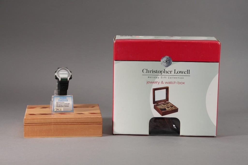 Wooden Jewelry & Watch Box: Christopher Lowell holiday gift collection wooden jewelry and watch box and 6.5x7'' box marked Acushnet and Casio watch.