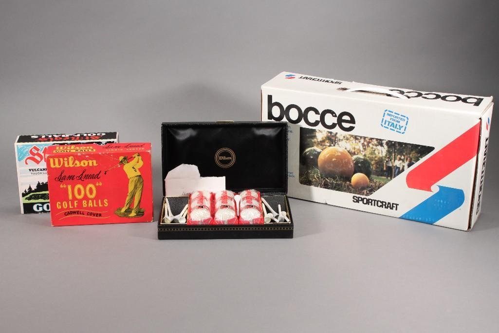 Golf Balls and Bocce Bowling Game (4): Sport craft bocce game NIB, St.Regis golf balls (6 balls), Wilson liquid filled balls (10 balls), and 9 Wilson staff balls.