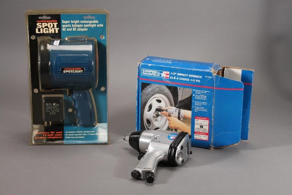 Impact Wrench and Spot Light (2): Rechargeable spot light quartz halogen spotlight with ac and dc adapter and a 1/2'' impact wrench. Both items are new in original packaging.