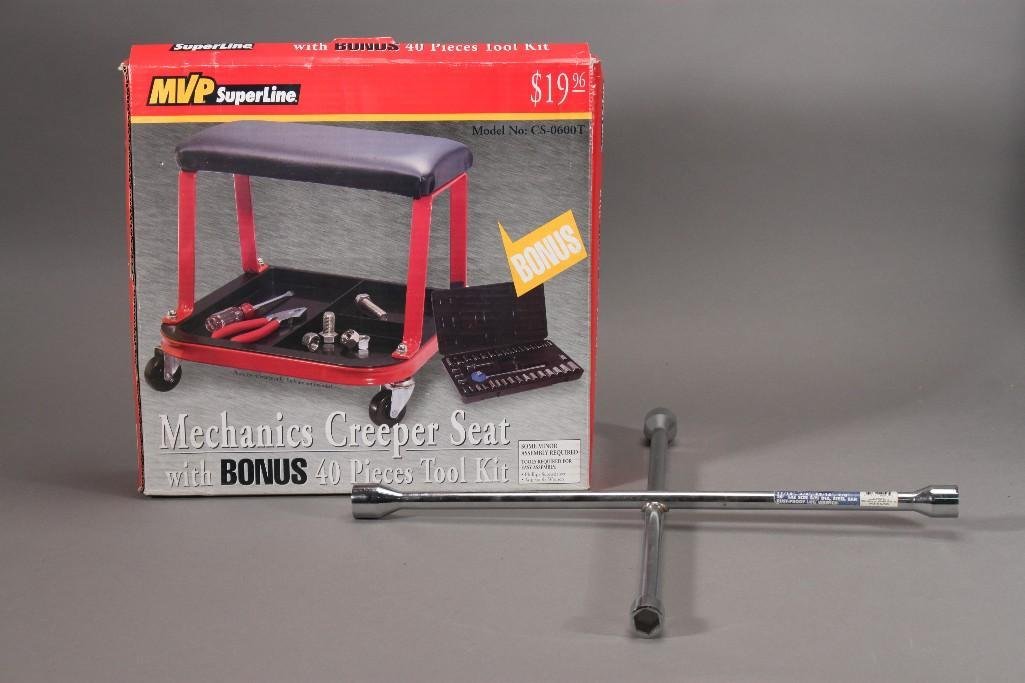 Creeper Seat and Lug Wrench (2): MVP Pro tech 11/16'', 3/4'', 13/16'', 7/8'' and Mechanics creeper seat with bonus 40 piece tool kit. Both items are new.